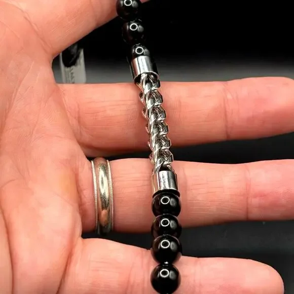 Blackjack BJB220NX Mens Genuine Onyx Bead & Stainless Steel Franco Bracelet NWT